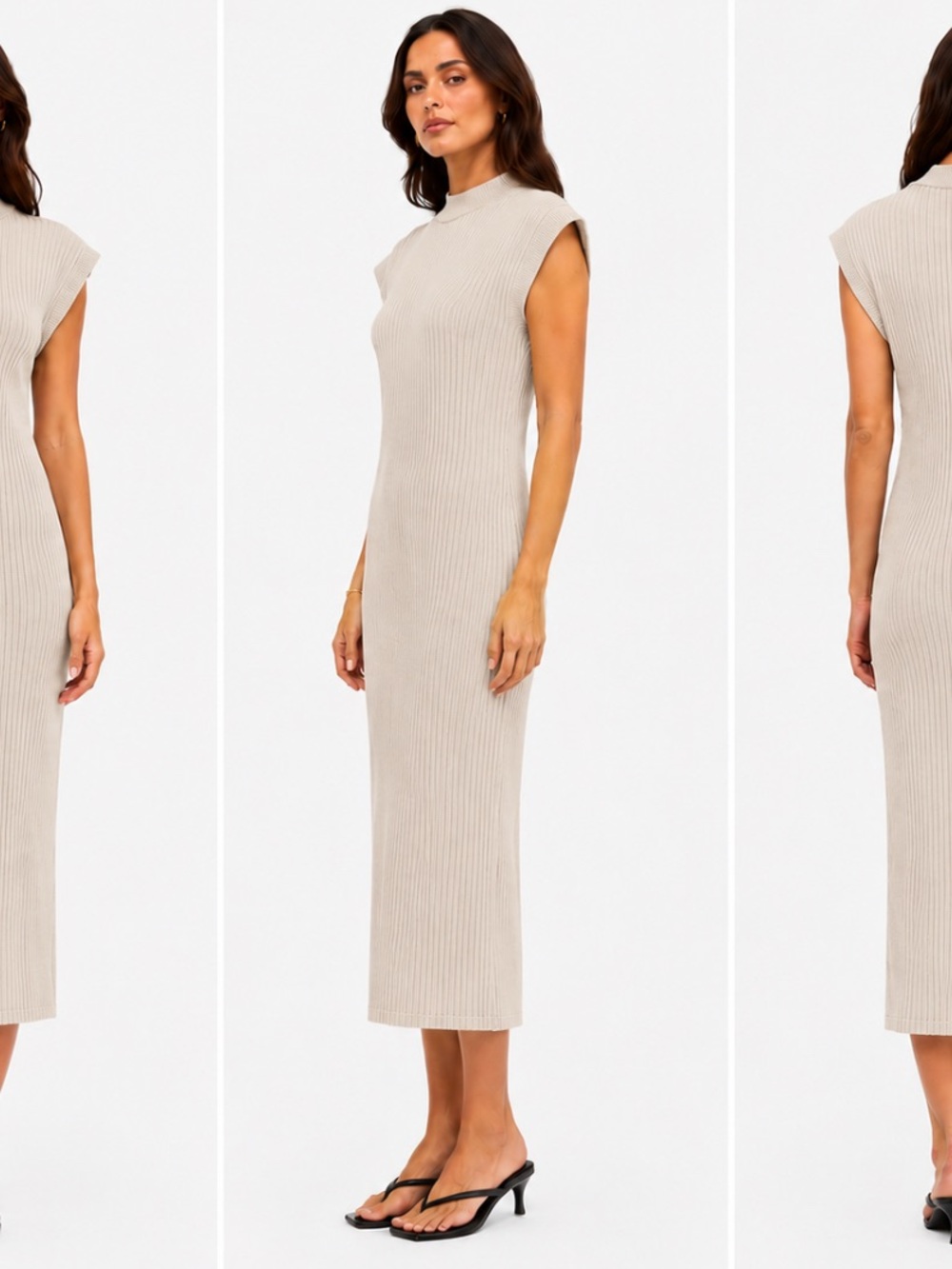 Zara Sleeveless Ribbed Midi Dress in Beige